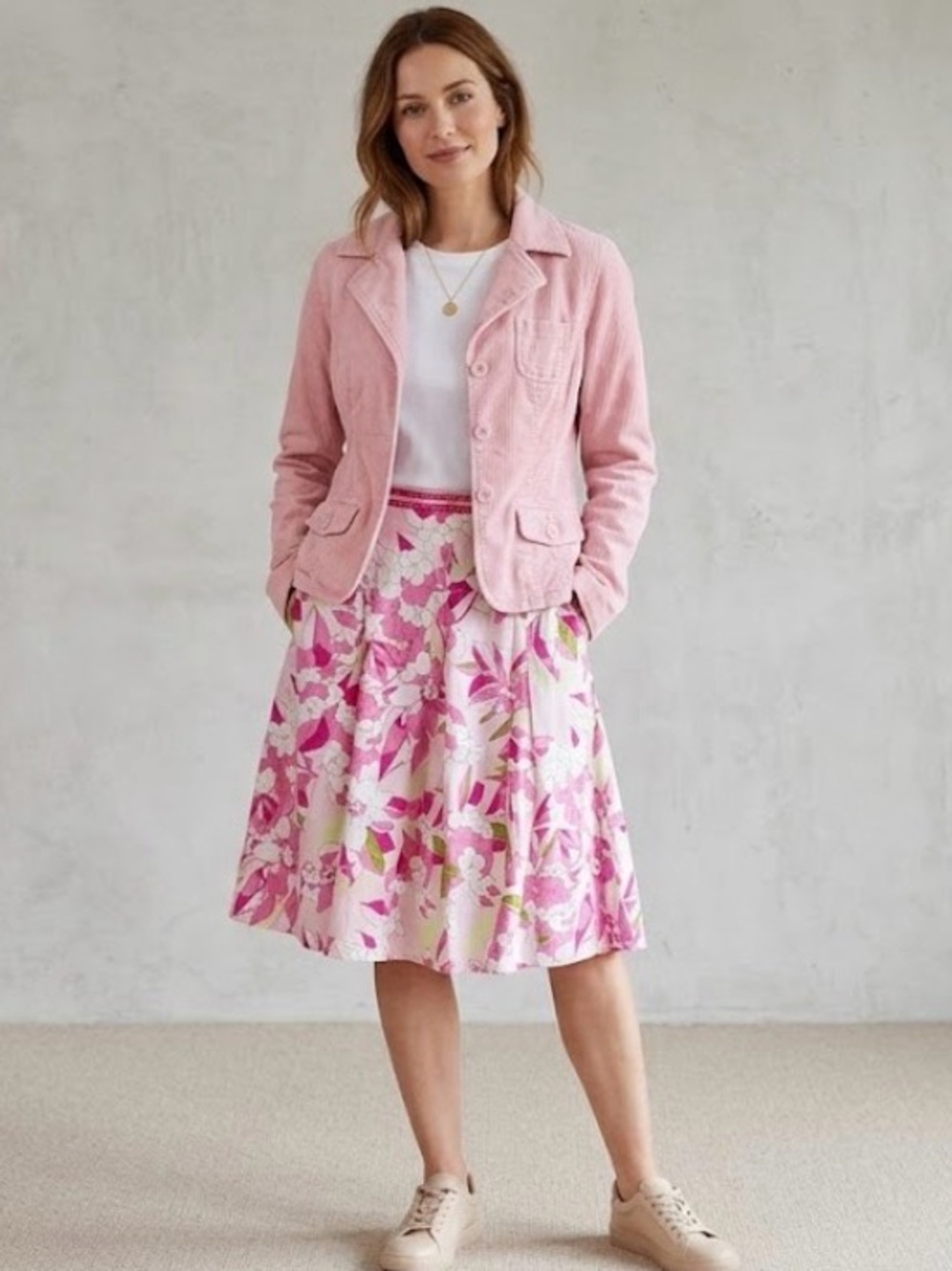 Women’s Pink Floral A-Line Skirt and pink blazer